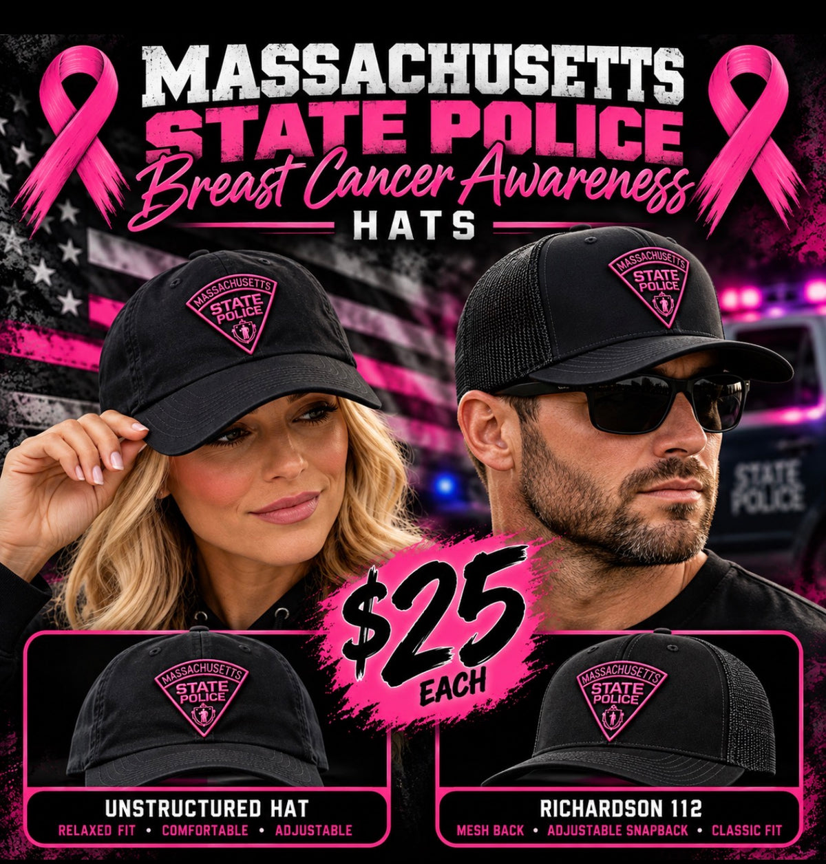 Mass State Police Breast Cancer Ladies Unstructured Hat